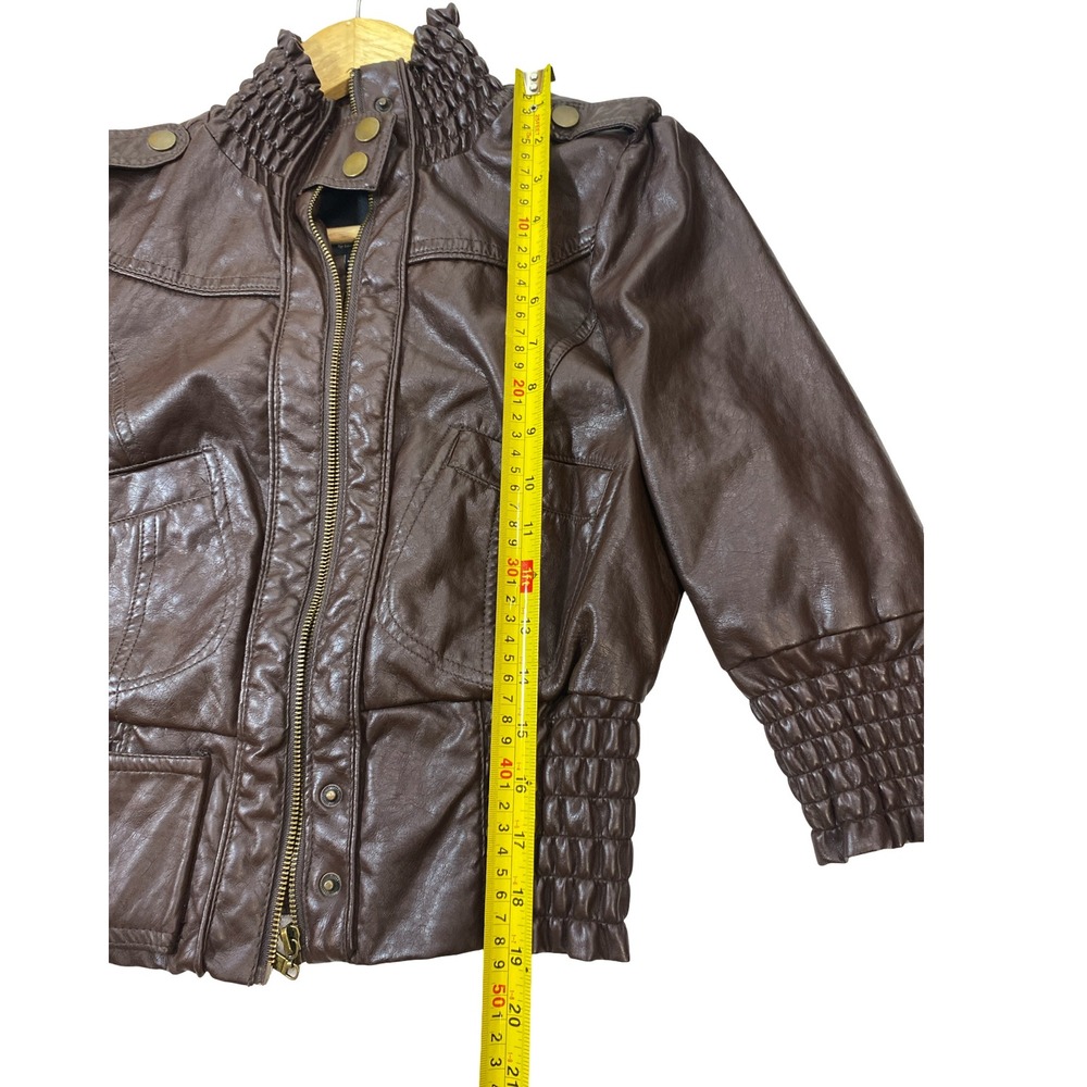 Therapy Brown Vegan Leather Smocked Bomber Jacket Womens Small Edgy Street  Moto - Picture 8 of 10